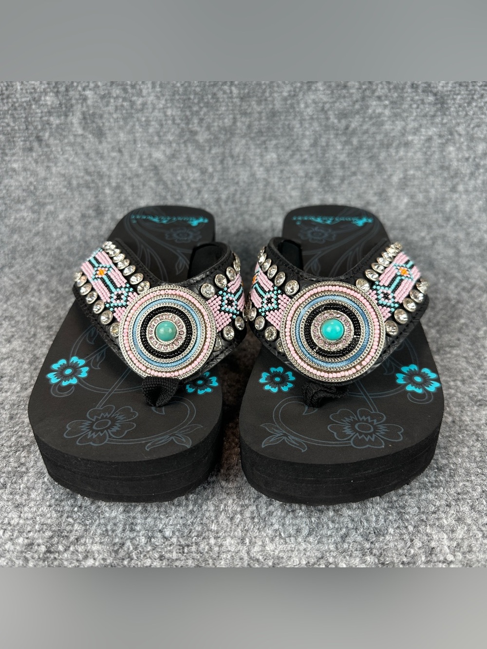 Montana West Beaded Western Wedge Flip Flops Women's Size 7 Black Turquoise - Picture 5 of 16